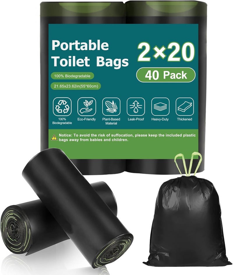 NMLLIFE 40 Portable Toilet Camping Toilet Bags, Biodegradable with Drawstring & Lemon Scent, Compostable for 5-8 Gallon Bucket Toilet Seat for Outdoor Camping Car Travel - Image 1